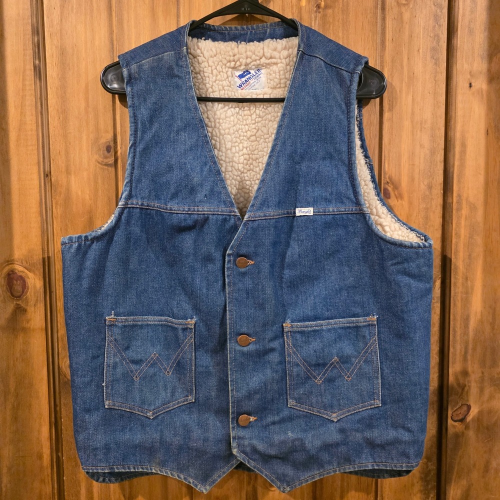 Wrangler Denim Vest Mens Large Blue Excellent Sherpa‎ Lined Vintage No-Fault